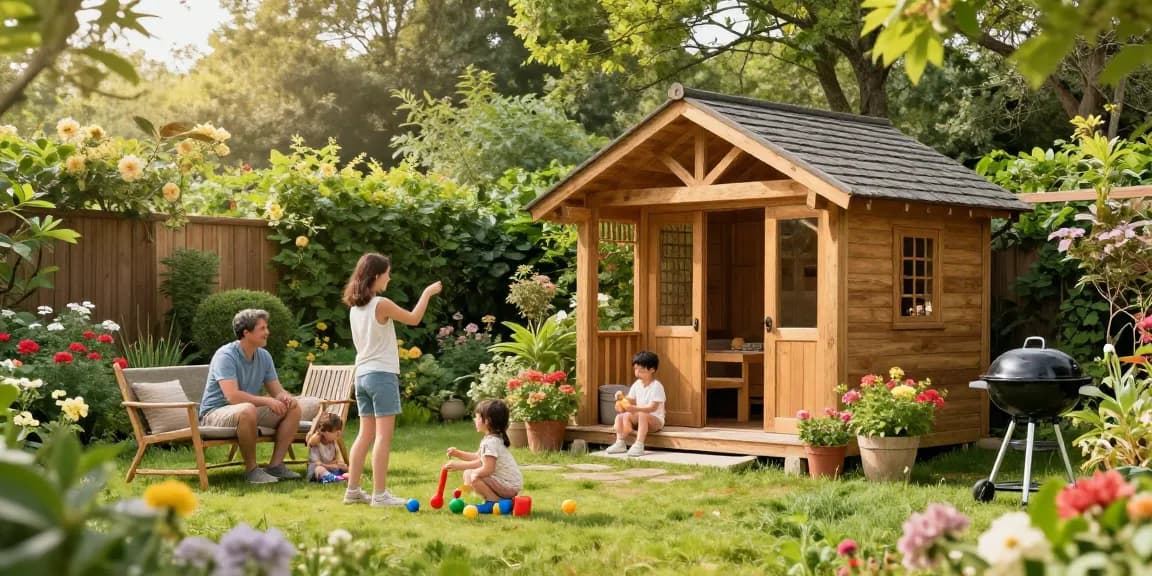 Gartenhäuser aus Holz umgeben von Blumen, Familie genießt den Garten.