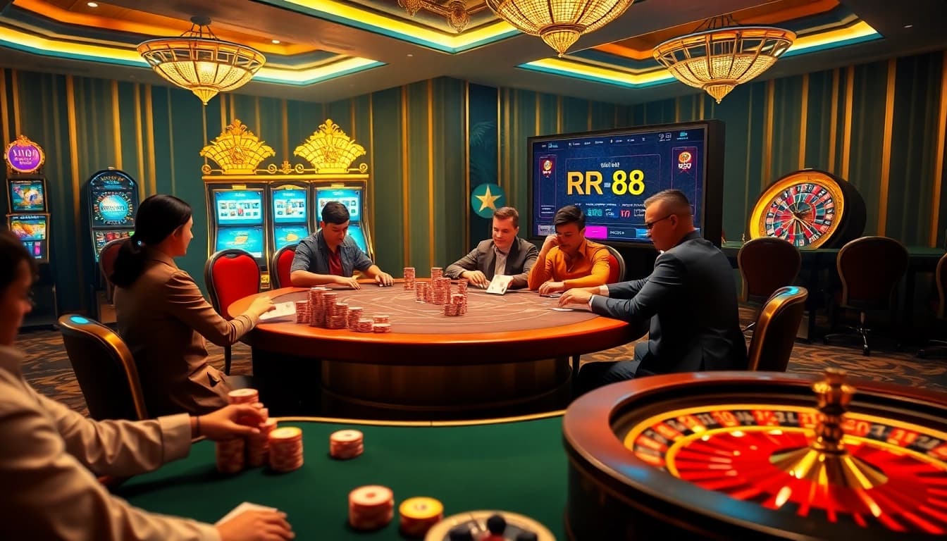 Gambling at RR88 with colorful chips and elegant cards on a vibrant poker table.