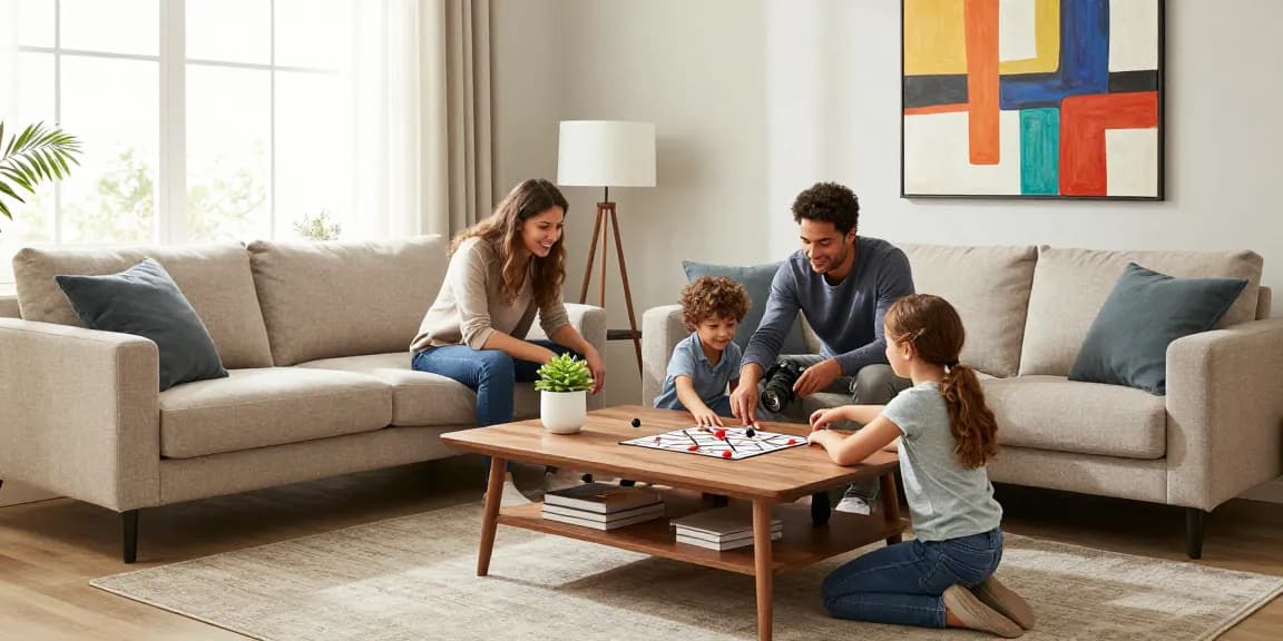 möbel kaufen in einem stilvollen Wohnzimmer mit einem gemütlichen Sofa und Atmosphäre für einen Familien-Spieleabend