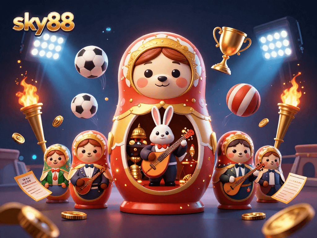 Sky88 introduces animated casino action with 3D Russian Matryoshka bears and sports elements.