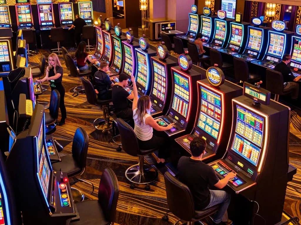 KJC players excitedly engaging with slot machines on a vibrant casino floor filled with energy and celebration.