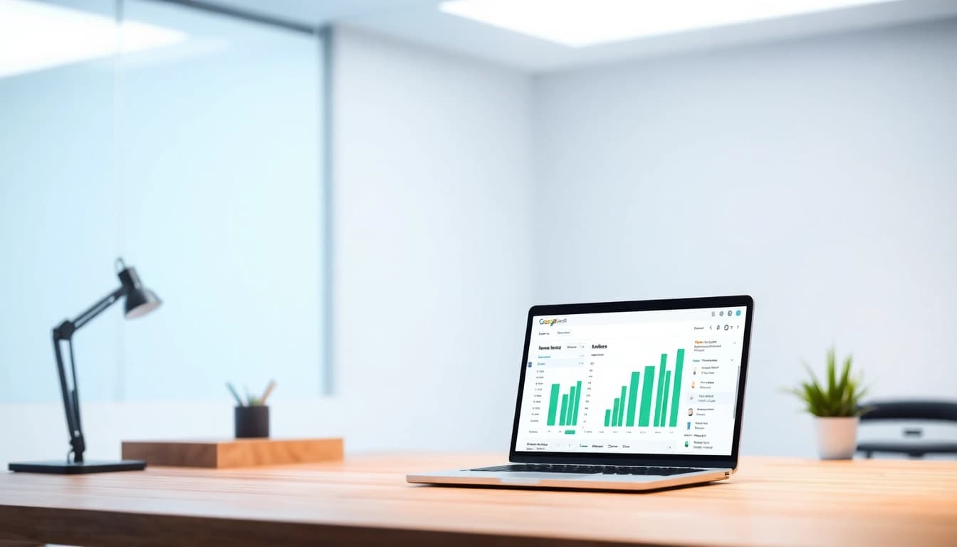 Visualisierung eines modernen Arbeitsplatzes mit einem Dashboard zur Analyse des SEO-Rankings für digitale Strategien.