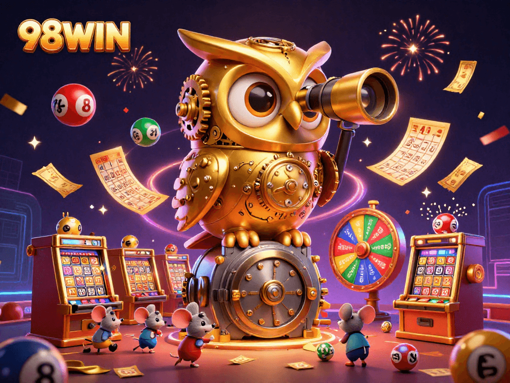 Experience the excitement at 98WIN with vibrant elements of a lively casino scene featuring unique characters and games.