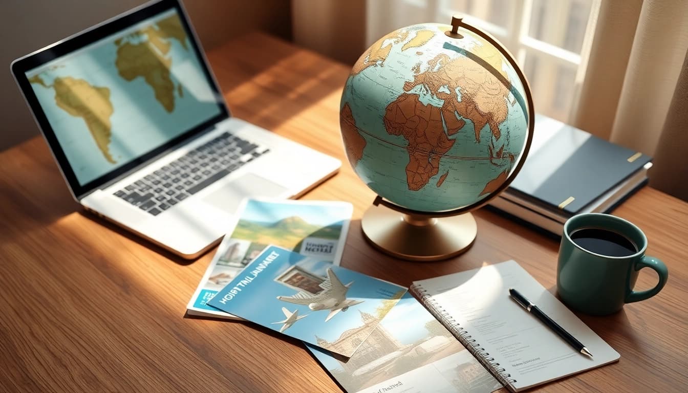 Flug & Hotel Tipps zur Optimierung Ihrer Reiseplanung am Schreibtisch mit Globus und Notizen.