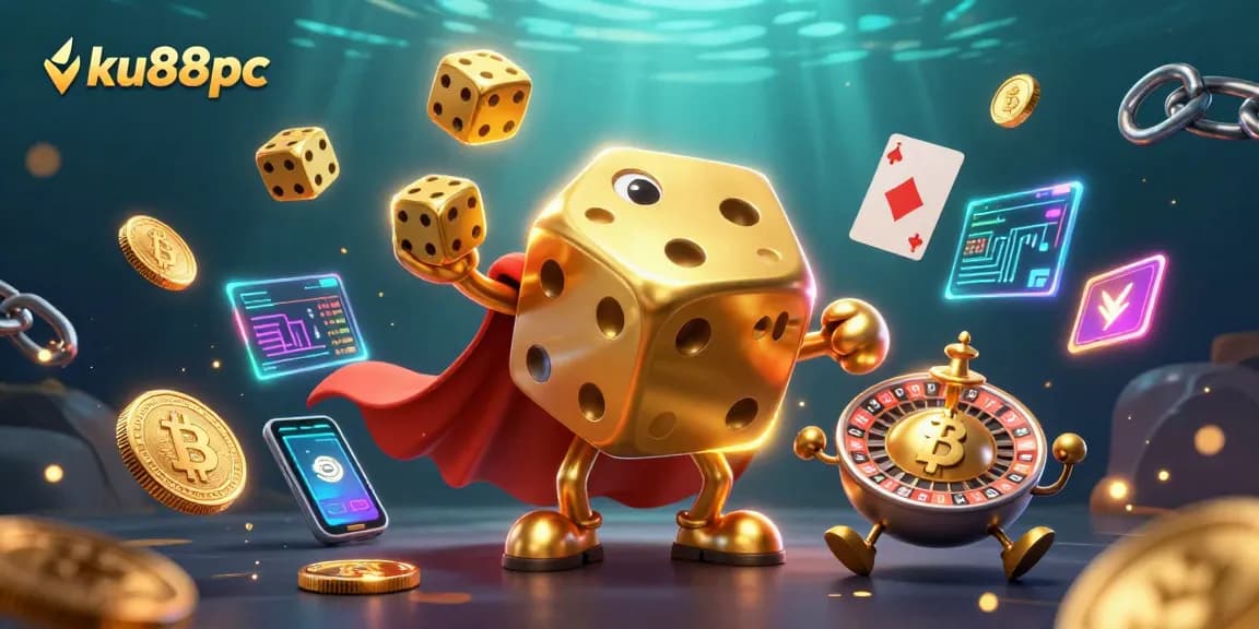 Engage in thrilling gameplay at ku88pc with a dynamic casino scene featuring 3D characters and crypto elements.