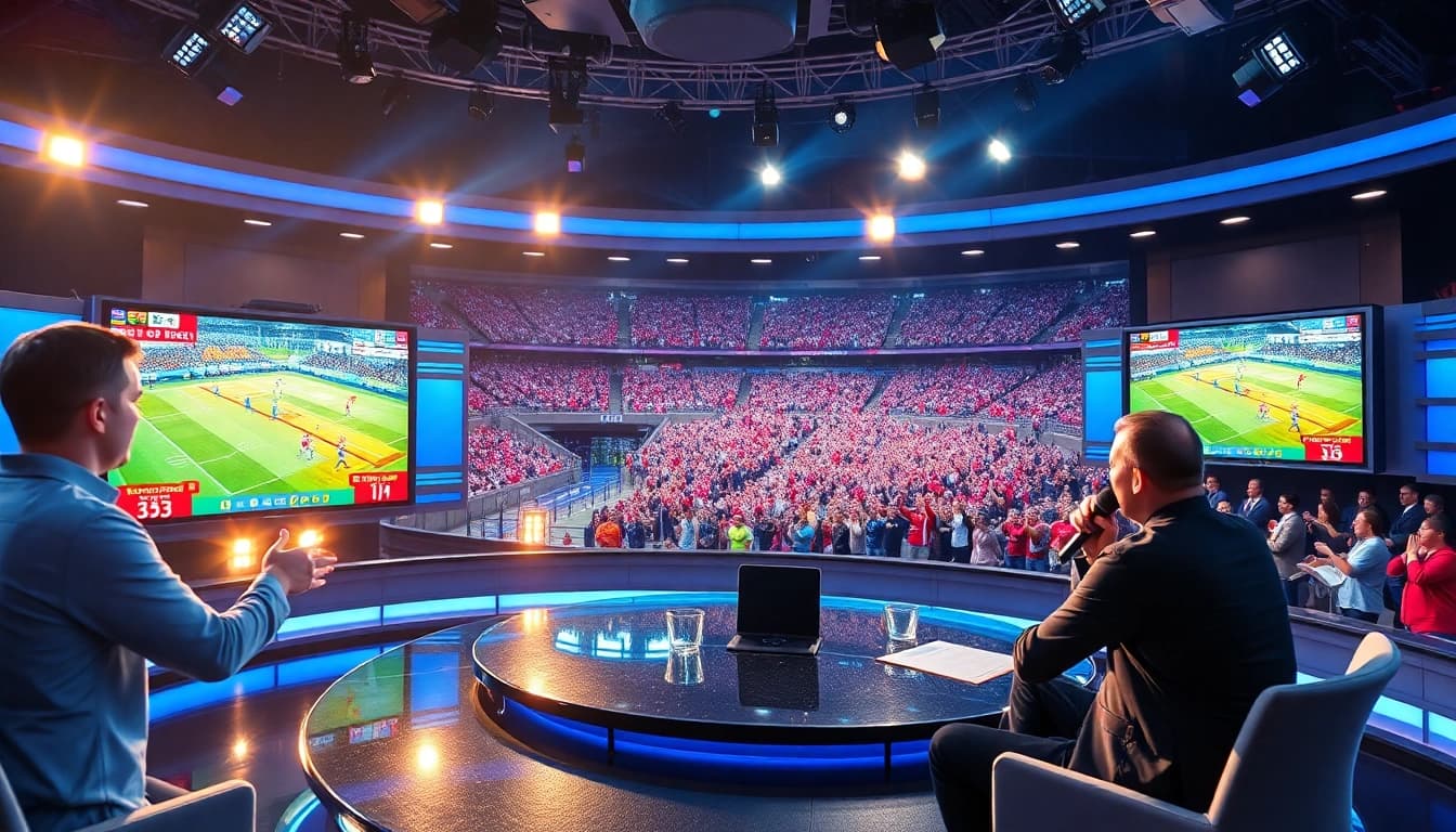 Engaging scene of sports broadcasting showcasing multiple screens and presenters in action.
