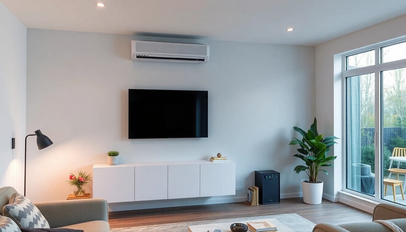 Klimaanlage kosten: elegante Klimaanlage installiert in einem modernen Wohnzimmer für optimalen Komfort