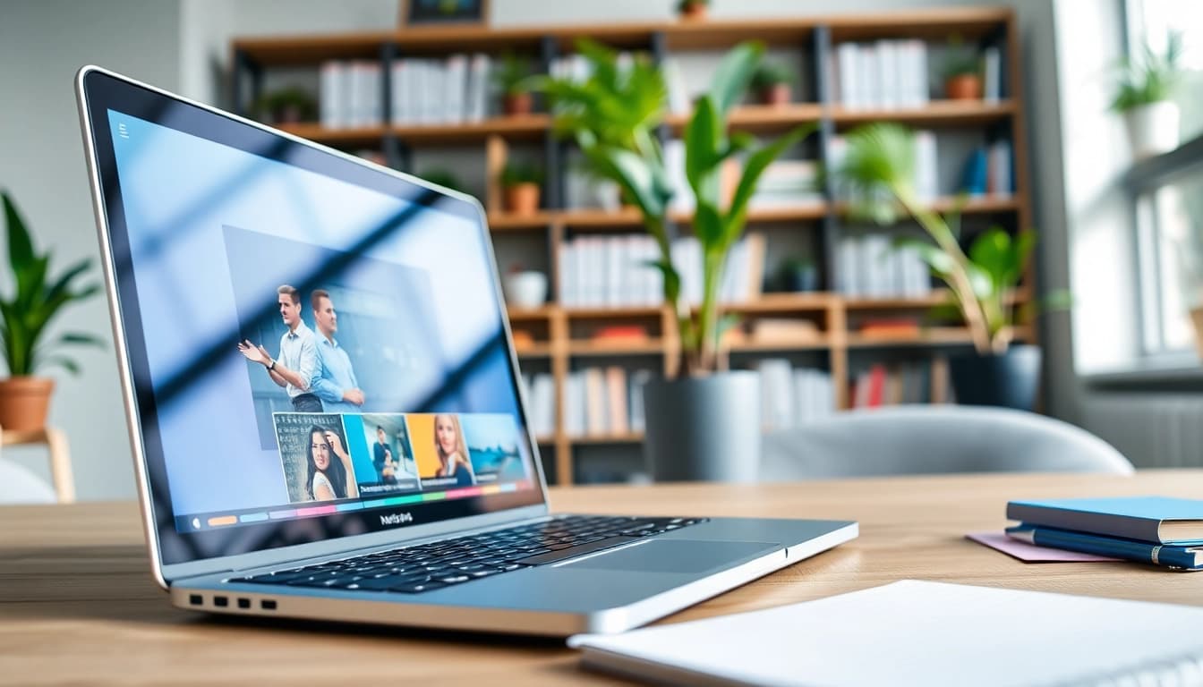 Aktuelle Meldungen auf einem Laptop in einer modernen Büroumgebung präsentieren.