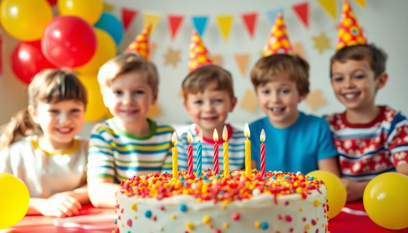 Kindergeburtstag 4 Jahre mit fröhlichen Kindern, bunten Ballons und einem leckeren Kuchen.