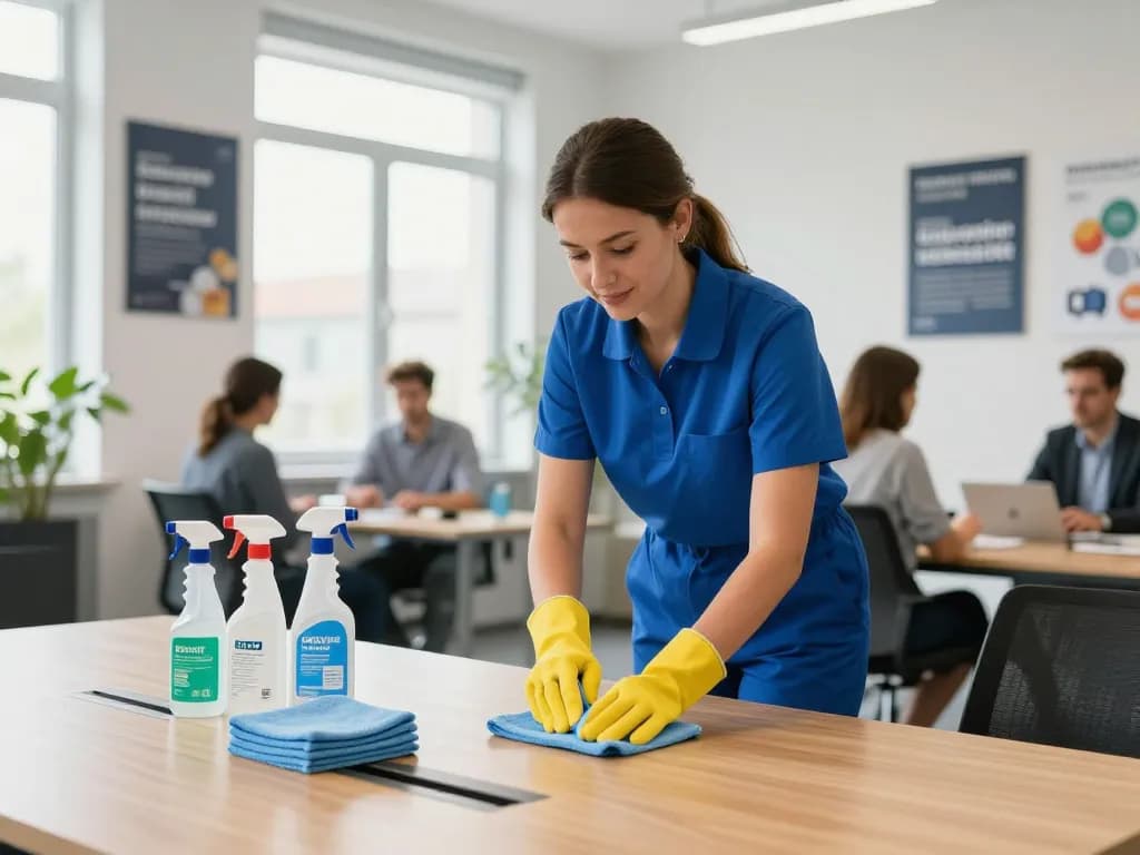 Professionelle Gebäudereinigung im Raum Münster mit einem freundlichen Reinigungskraft in einem hellen Büro, das sorgfältige Aufmerksamkeit für Details zeigt.