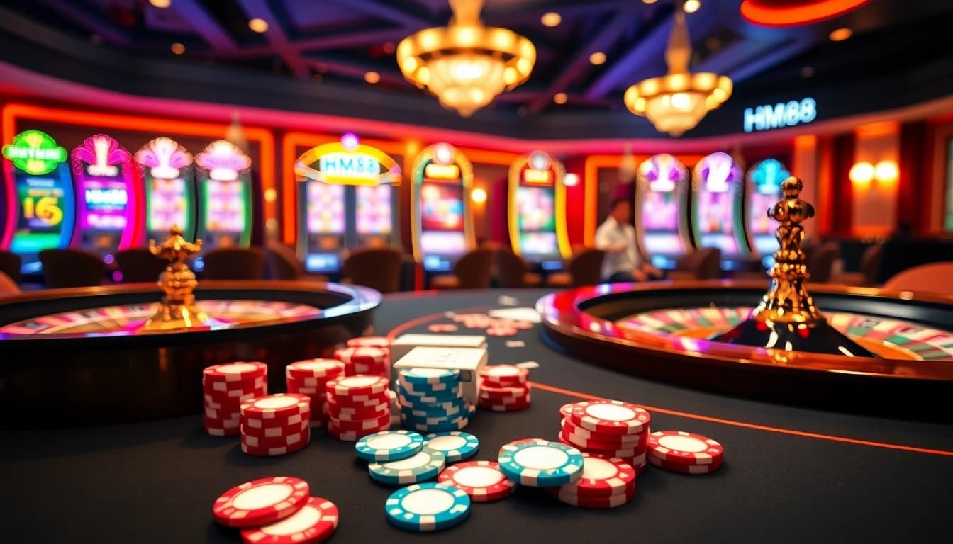 Exciting game scene with HM88 casino chips and cards on a vibrant table