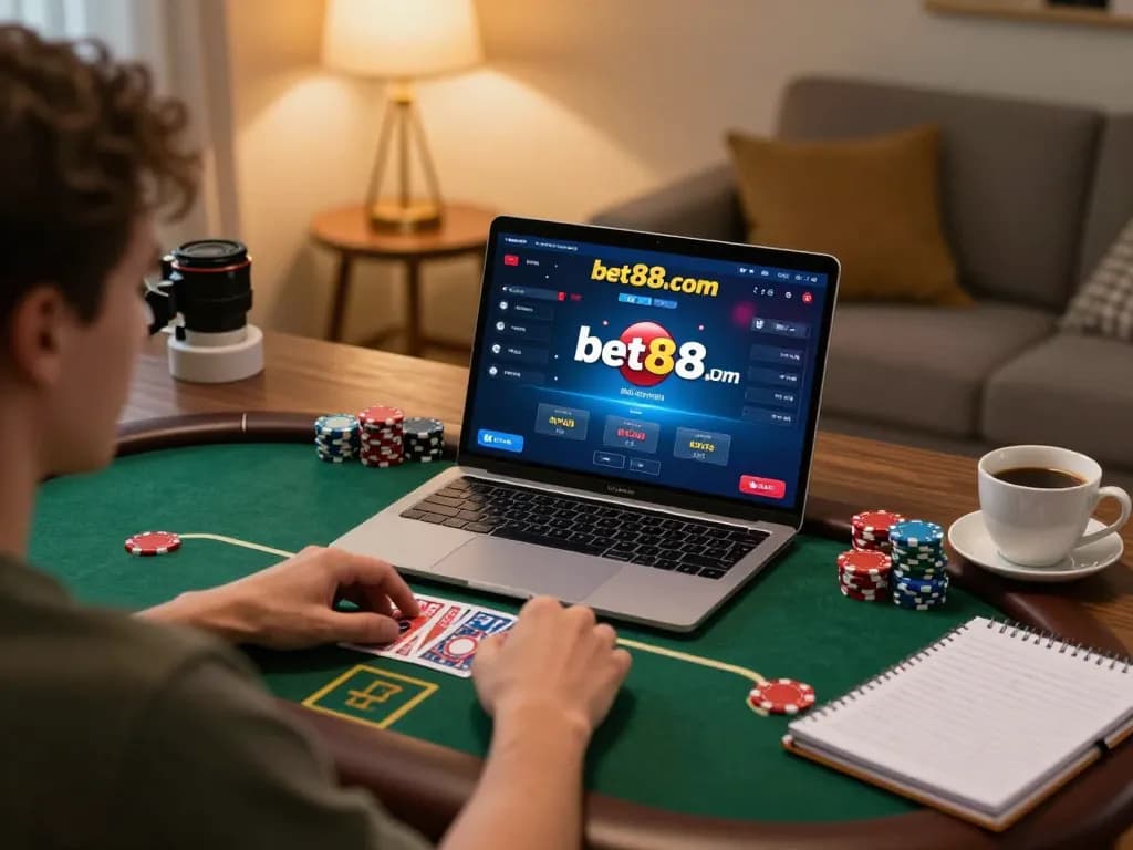 Person playing poker online at bet88.com with vibrant interface and cozy home decor.