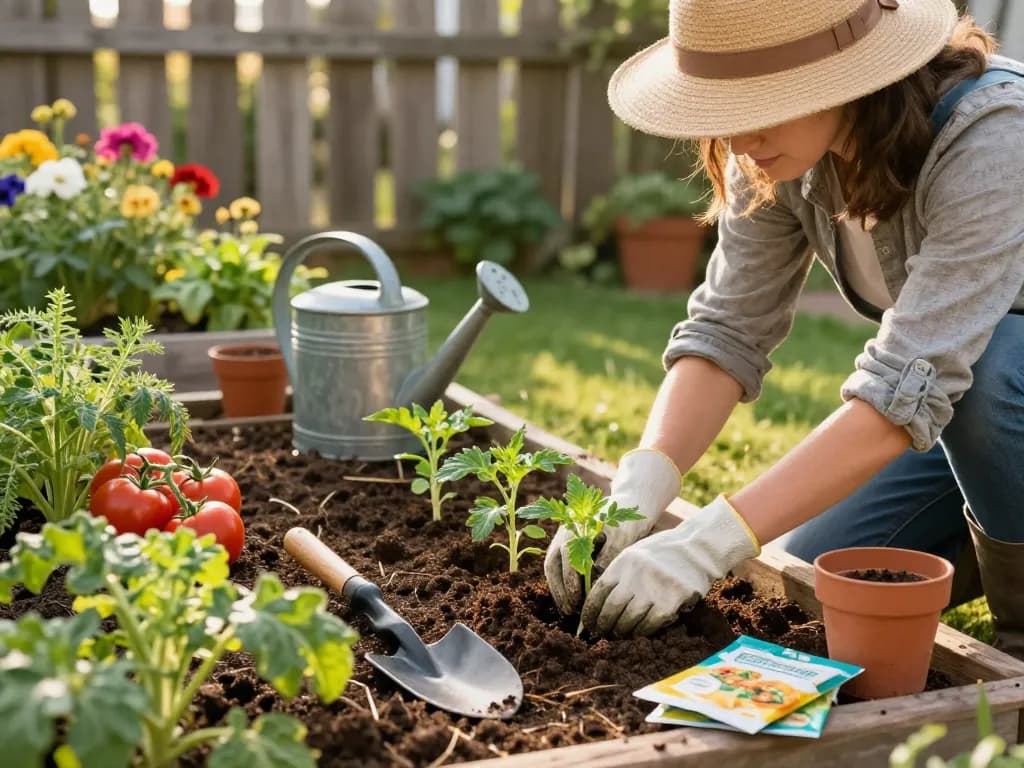 Gardener planting porree jungpflanzen in a vibrant vegetable garden.