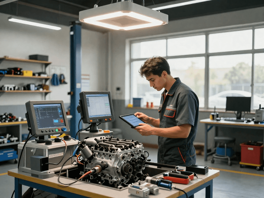 Chiptuning Hannover: Professioneller Mechaniker bei der Motoroptimierung eines BMW in einer modernen Werkstatt.
