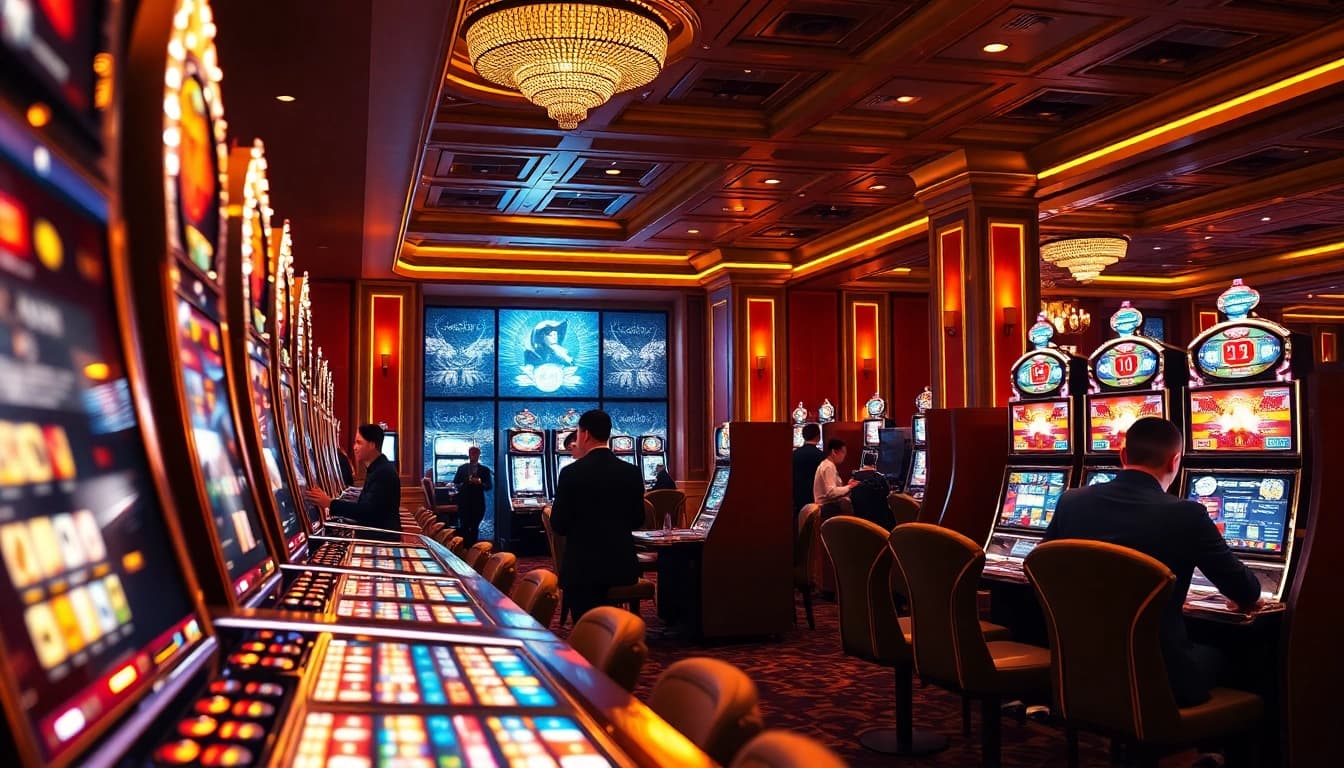 Erleben Sie die Spannung in einem auslaendischen online Casino mit eleganten Spielautomaten und lebhaften Spielern.