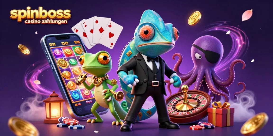 Die Illustration zeigt SpinBoss Casino Zahlungen mit einem Chamäleon-Agenten, einem Gecko und einem Oktopus im Casino-Stil.