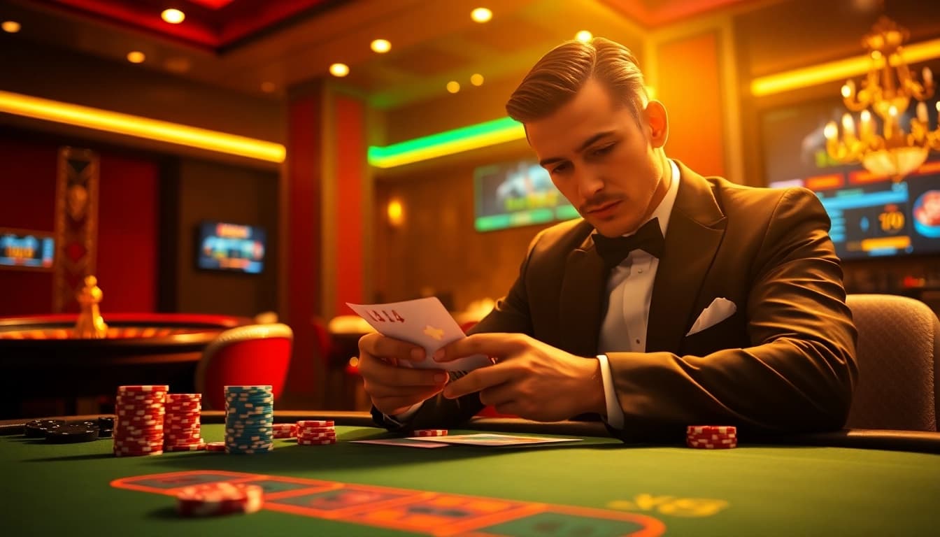 Experience thrilling poker action at xin88 with a luxurious casino scene featuring players and chips.