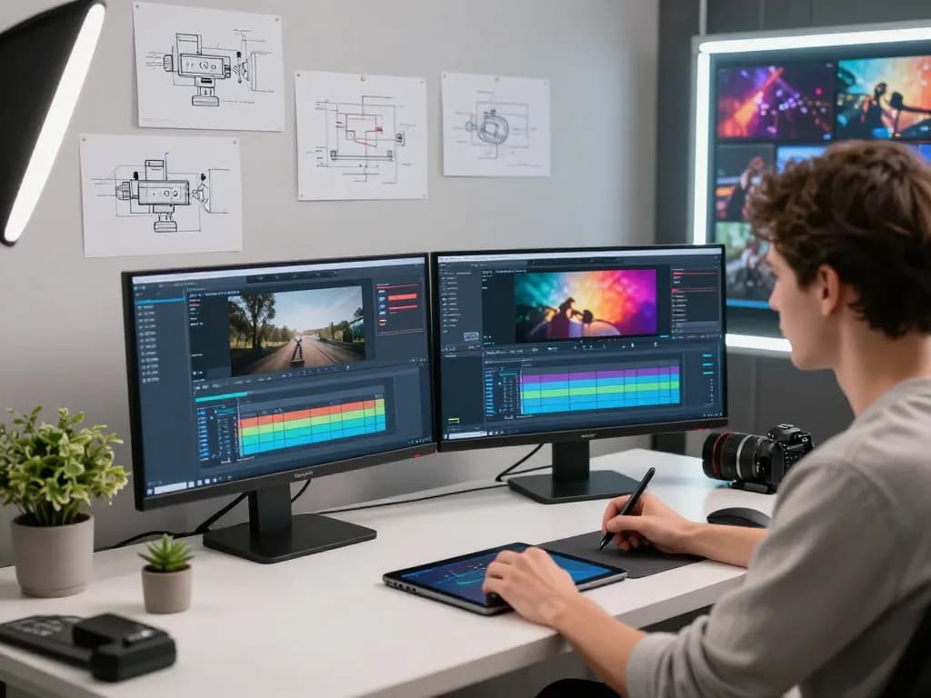 Dynamic scene of motion control video editing in a modern studio, showcasing technology and creativity.