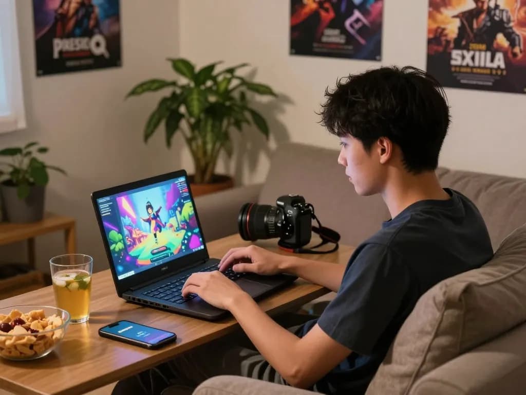 Engaging gameplay in adult visual novel porn ganes with a cozy atmosphere and snacks.