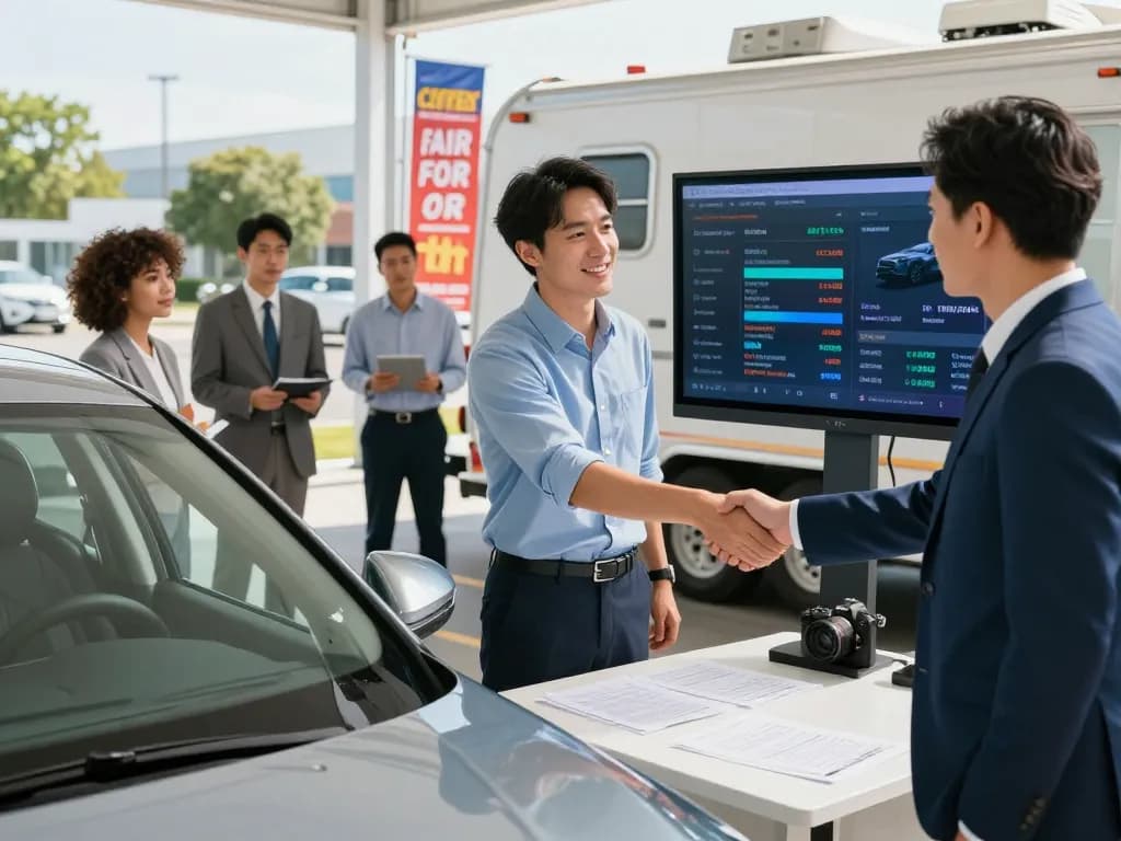 Fesselnde Autoszene, die Autoankauf mit Fachleuten in einem lebhaften Autohaus fördert.