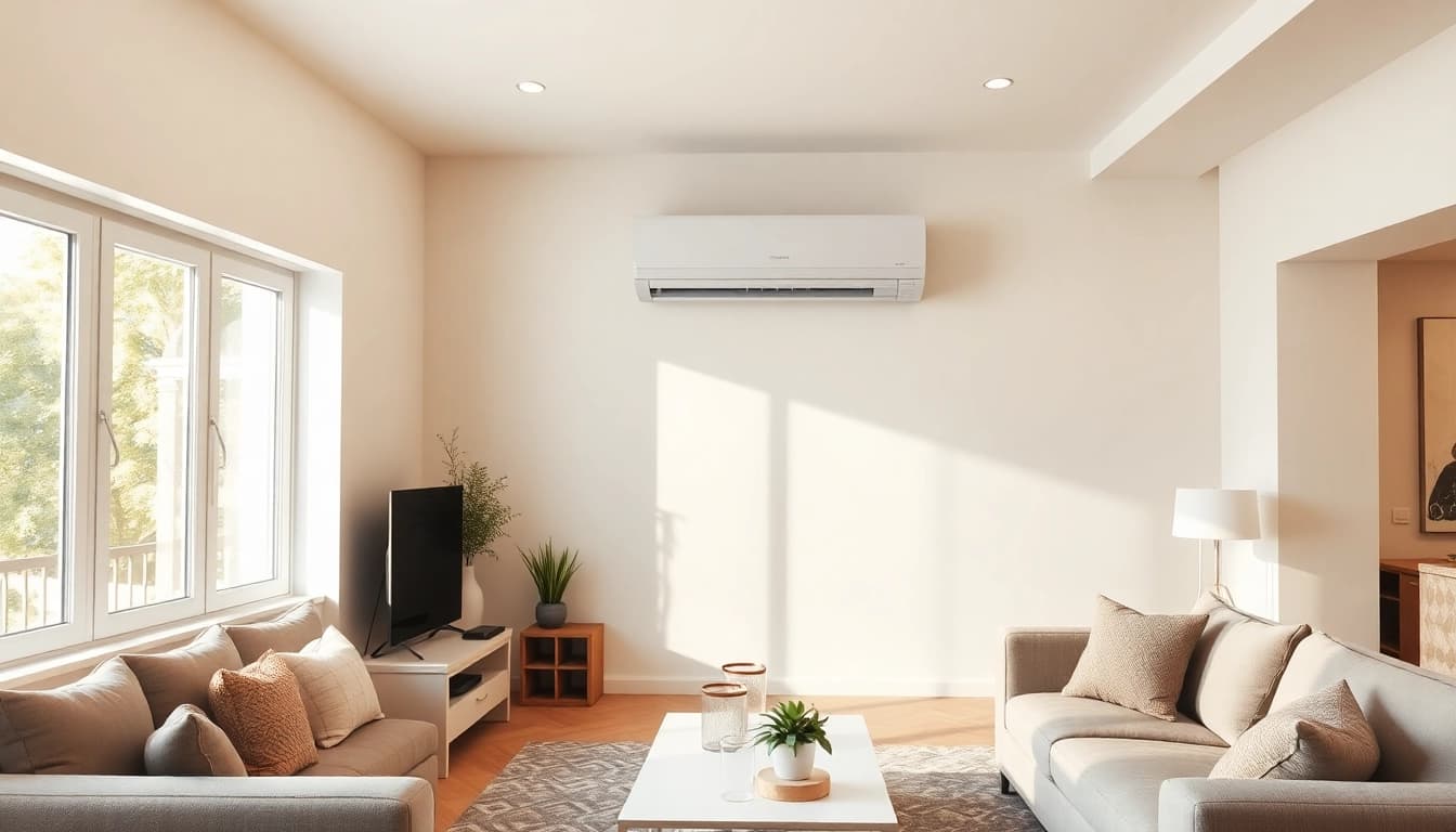 Understanding Klimaanlage kosten with a stylish split air conditioner in a contemporary living room setting.