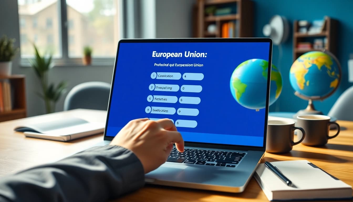 Interaktive EU Quiz-Oberfläche auf Laptop mit Bildungselementen im Hintergrund.