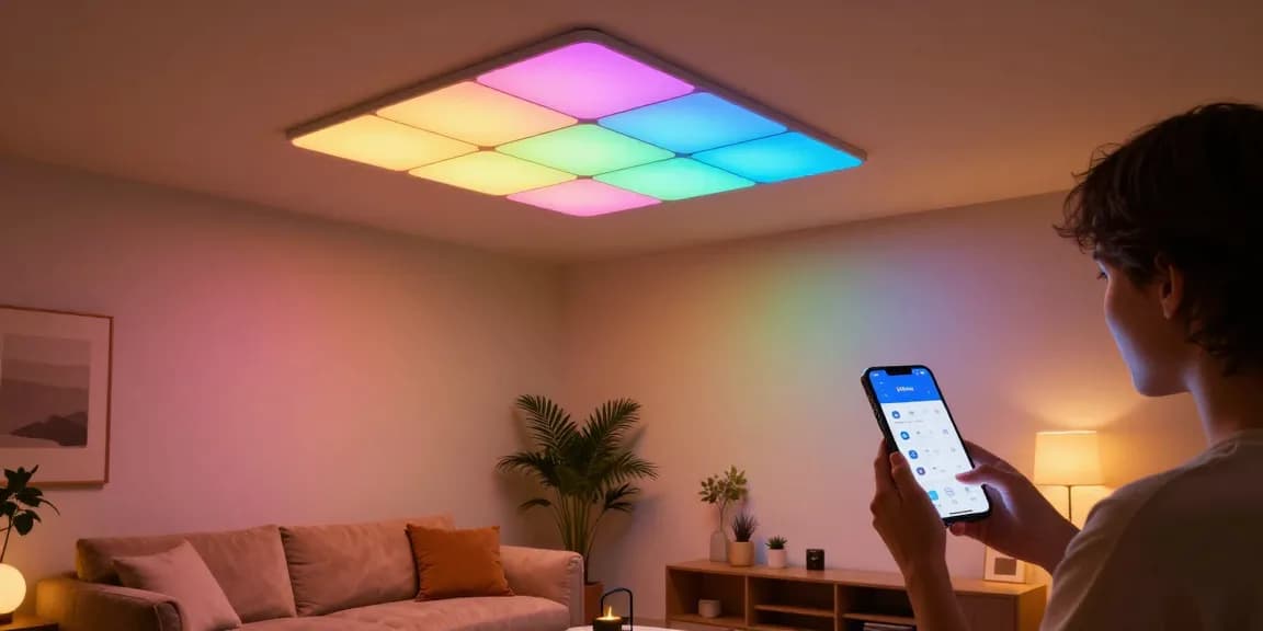 Nanoleaf Skylight Test illuminating a modern living room with vibrant colors and smart technology.