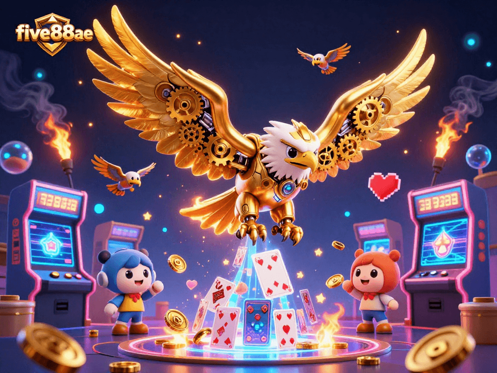 Experience thrilling gameplay at five88ae with a dynamic 3D casino illustration featuring exciting characters and game elements.