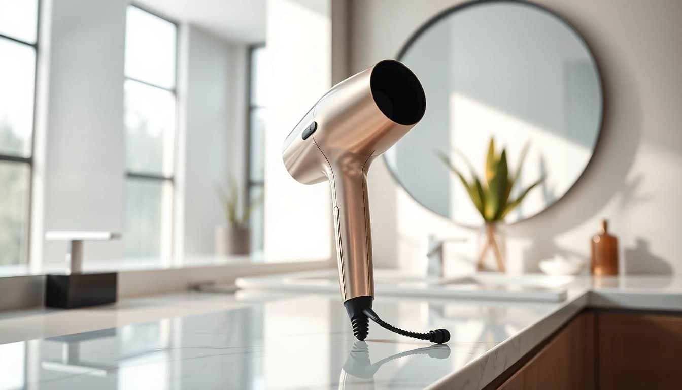Stylish laifen föhn drying hair in a modern bathroom setup.