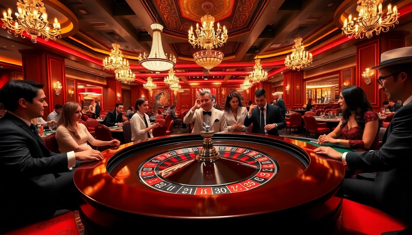 Die Aufregung des Spiels bei Golisimo Germany im Casino mit glücklichen Spielern und Roulette-Tisch.