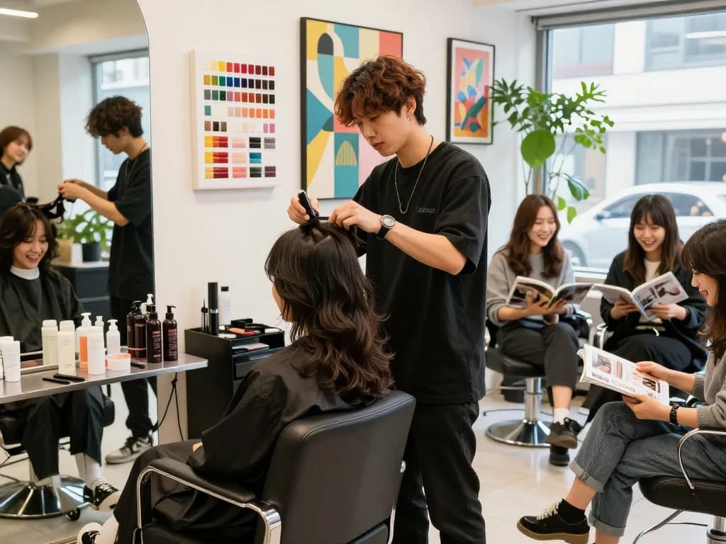 서울의 스타일리스트, 고객, 그리고 생동감 넘치는 장식이 있는 서울 헤어샵의 분주한 분위기.