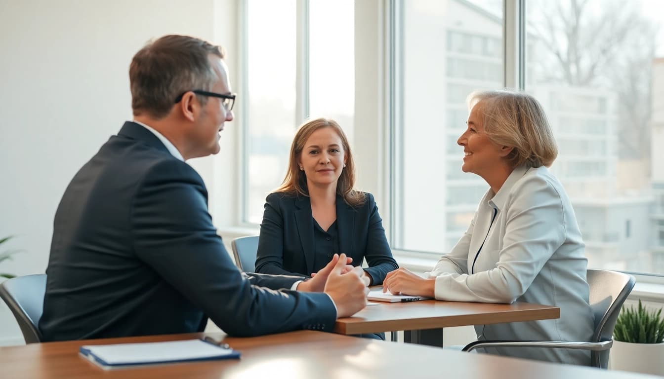 Headhunter Pflegekräfte führt ein Vorstellungsgespräch mit einem Bewerber in einem hellen, einladenden Raum.