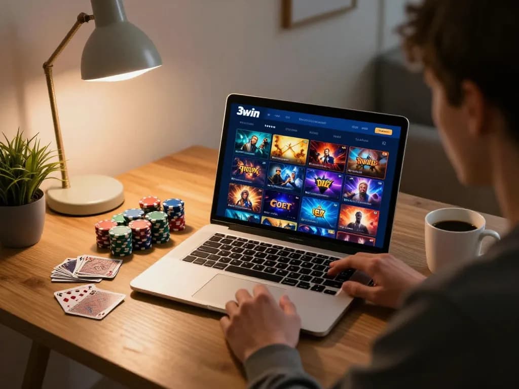 Engaging in online casino gaming at 3win with organized playing cards and a cozy atmosphere.
