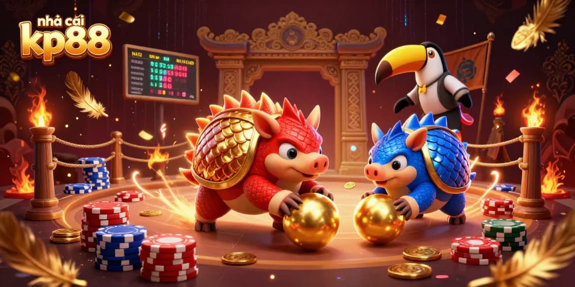 Engaging illustration of nhà cái kp88 featuring dynamic pangolins and casino elements for exciting gameplay.