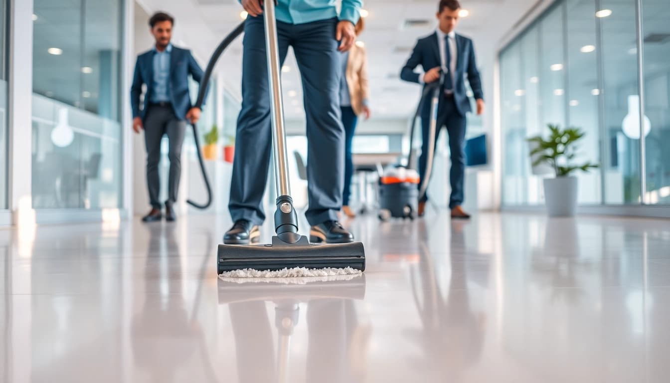Effektive Gebäudereinigung Ulm durch ein professionelles Reinigungsteam in einem modernen Büro.