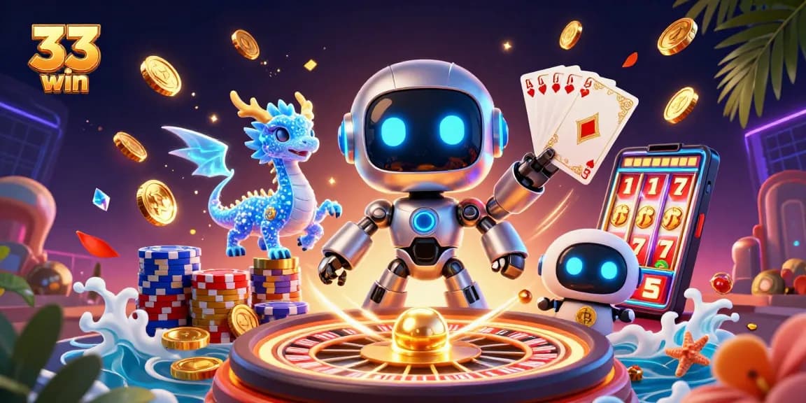 Play and win at 33 win with vibrant casino elements and engaging characters in a lively gaming environment.