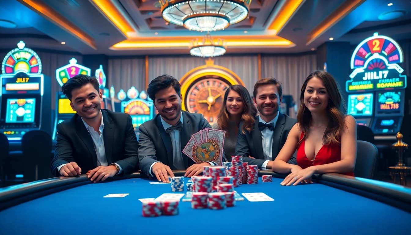 Players enjoy a thrilling game of JILI7 at an upscale casino table with vibrant slot machines and a roulette wheel.