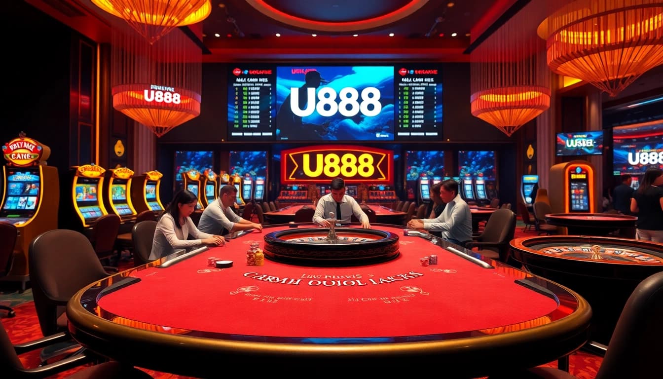 Players enjoying a thrilling U888 casino experience with vibrant gaming tables and slot machines.