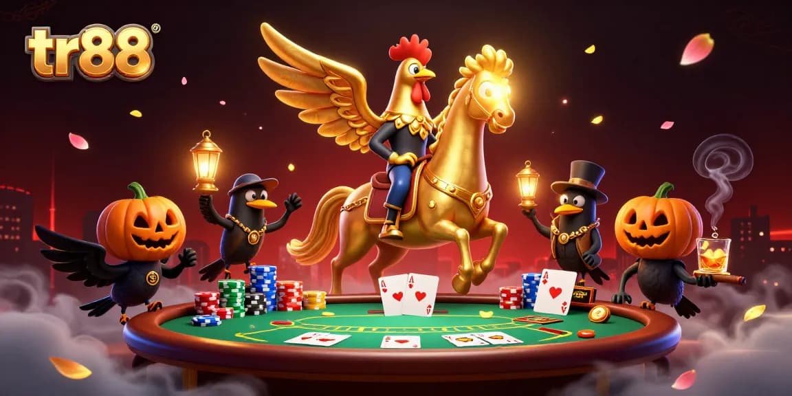 Experience the thrill of tr88 with a golden rooster headless horseman in a vibrant casino scene.