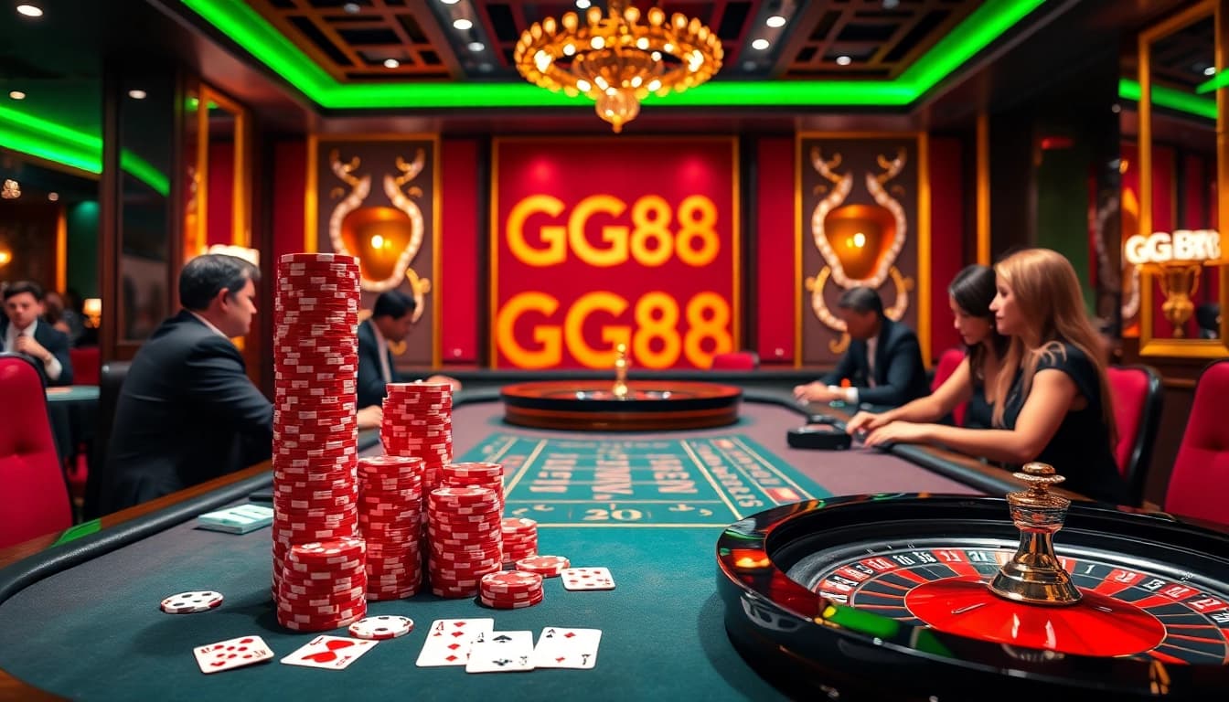 Engage with the excitement of GG88 casino gaming featuring vibrant tables, poker chips, and cards.