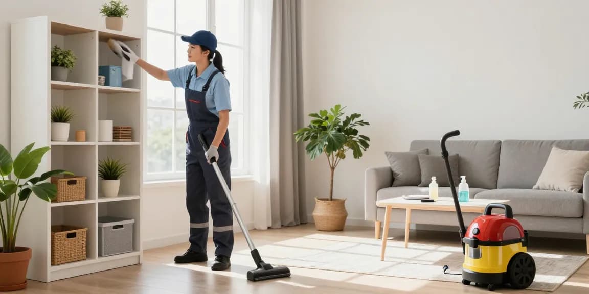Professional cleaner from reinigungsfirma solothurn organizing and dusting a bright living room.