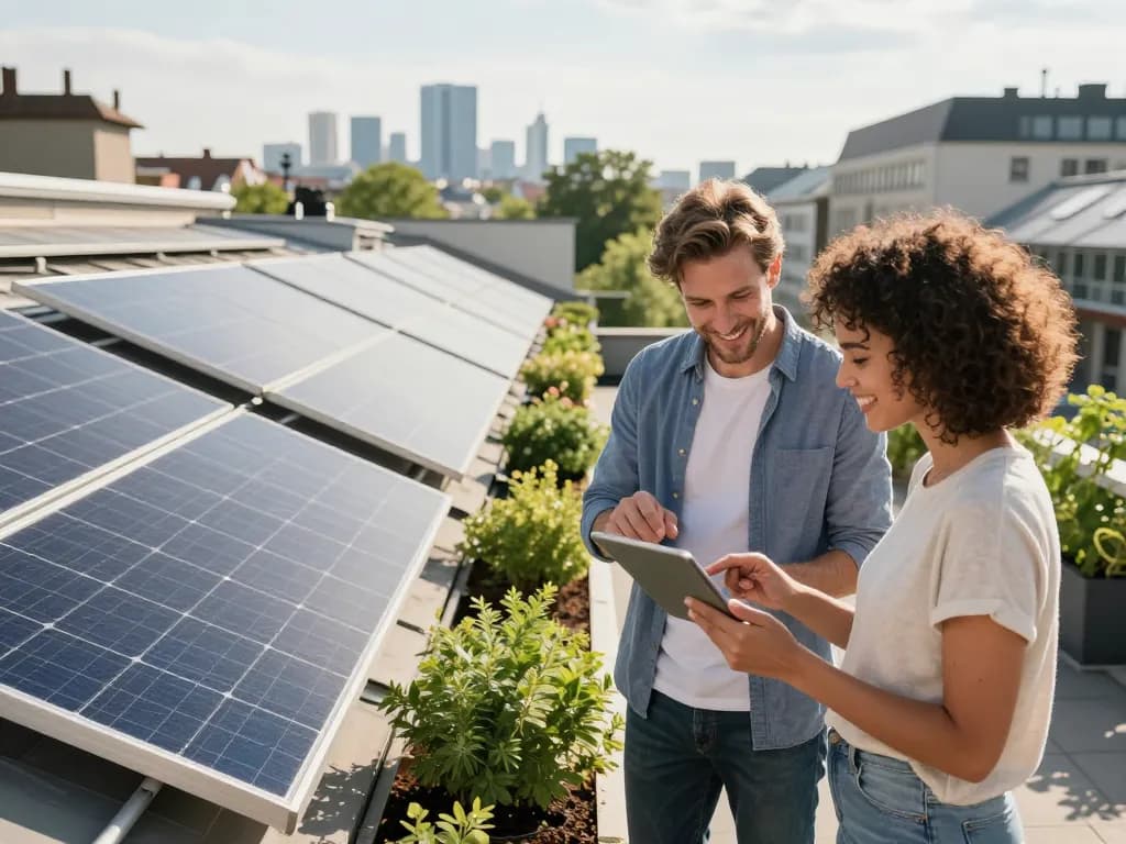Hausbesitzer diskutieren Photovoltaik Wien Optionen auf einem Dach mit Solarpanels.