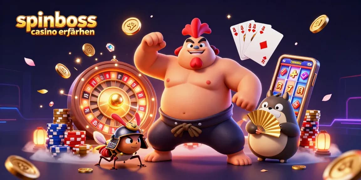 Spinboss Casino Erfahrungen: Dynamische Illustration mit einem Sumo-Kämpfer und einem Samurai-Käfer in einem Casino-Setting.