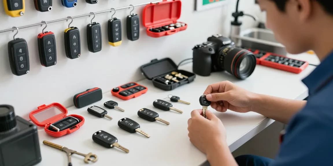 Schlüssel für Auto im professionellen Schlüsseldienst-Werkstatt mit einem Experten, der verschiedene Autoschlüssel bearbeitet.