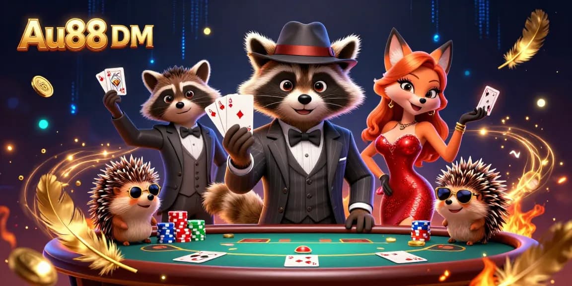 Bet on Au88 DM with a charming raccoon and fox at a lively poker table!