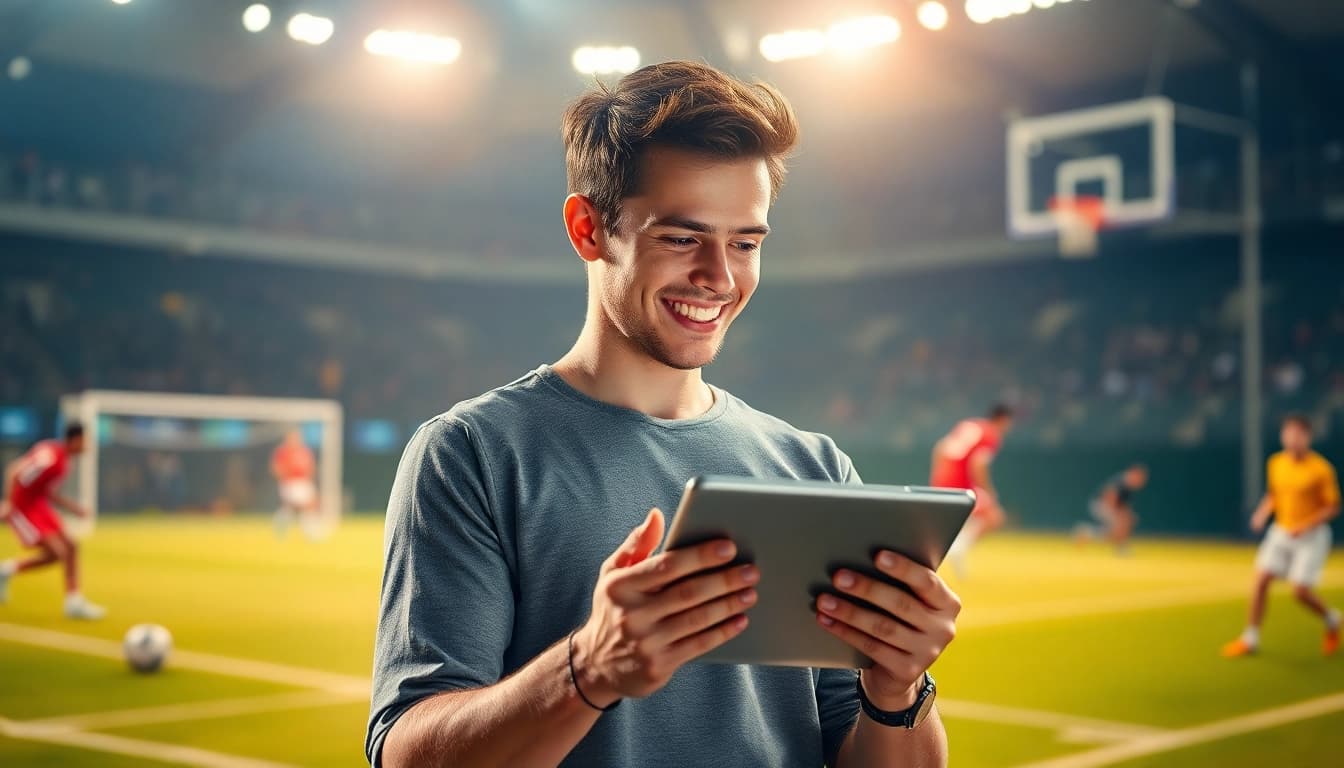 Junger Erwachsener platziert Sportwetten ohne LUGAS auf einem Tablet mit lebhaften Sportaktivitäten im Hintergrund.