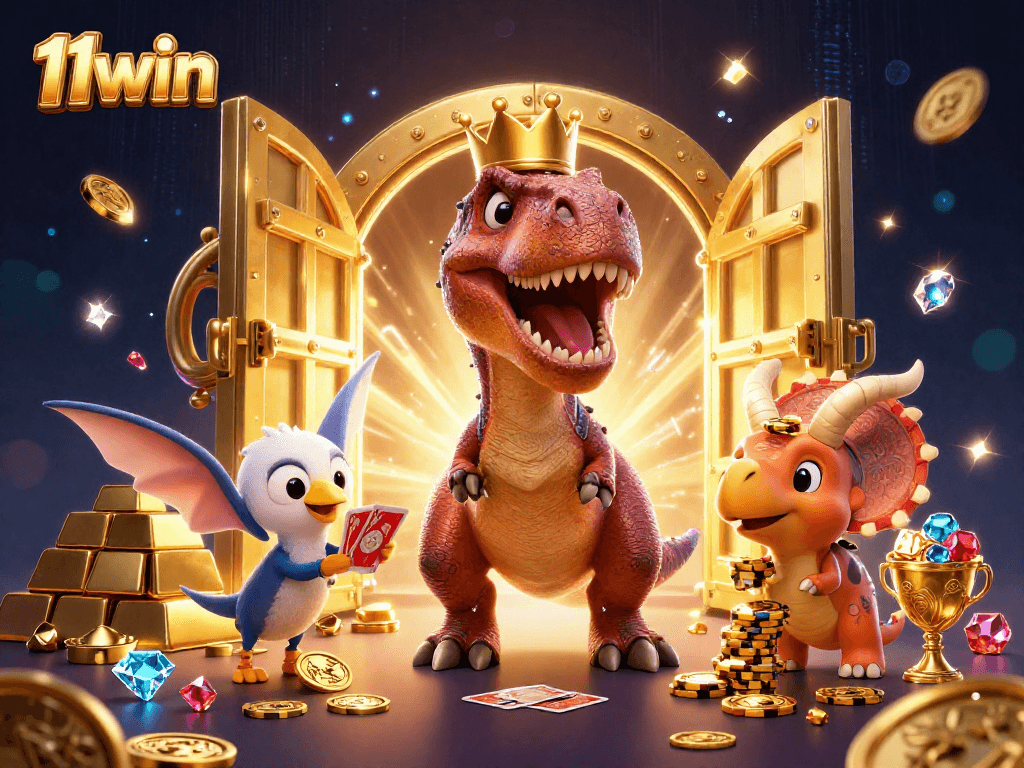 Engage in thrilling gameplay at 11win with lively characters around a treasure vault, showcasing casino excitement.