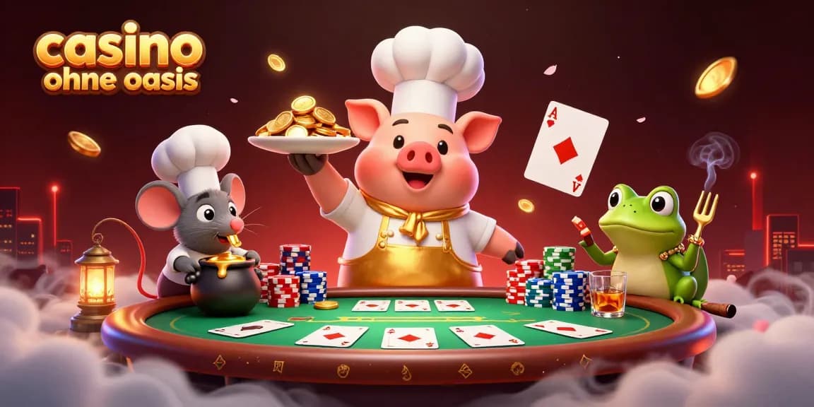 Corners of gold coins served in a casino ohne oasis scene featuring chefs and poker elements.