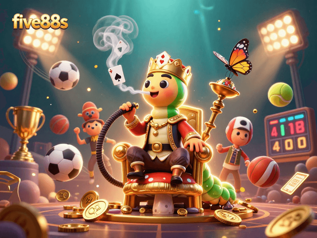 Engage in thrilling games at five88s with a vibrant 3D illustration featuring a caterpillar hookah-master and dynamic sports elements.