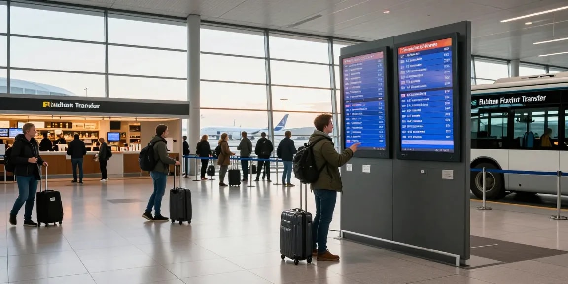 Flughafen Frankfurt Transfer für Reisende, individuelle am Terminal mit Gepäck und Flugplan.